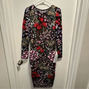 Dress the Population Womens Sophia Bodycon Midi Dress Floral Embroidered Size M